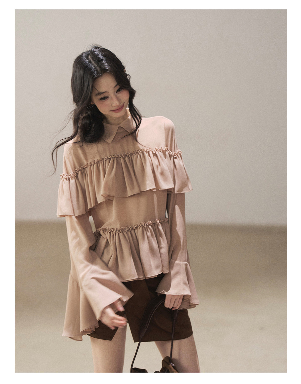 170726 "Veiled in the Evening Mist" Milk Tea Ruffle Blouse