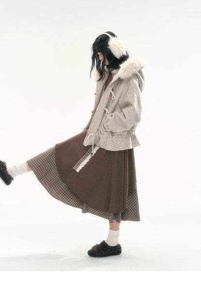 CAN - "Frosted Cloud Reverie" Beige Gray Detachable Faux-Fur Collar Wool-Blend Jacket