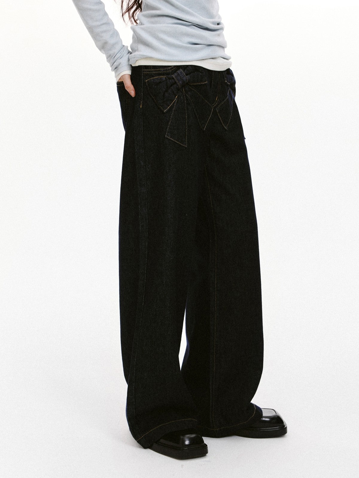 “Bow Pocket Wash” Wide-Leg Loose Denim Jeans - Denim ML6661