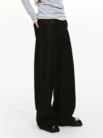 “Bow Pocket Wash” Wide-Leg Loose Denim Jeans - Denim ML6661