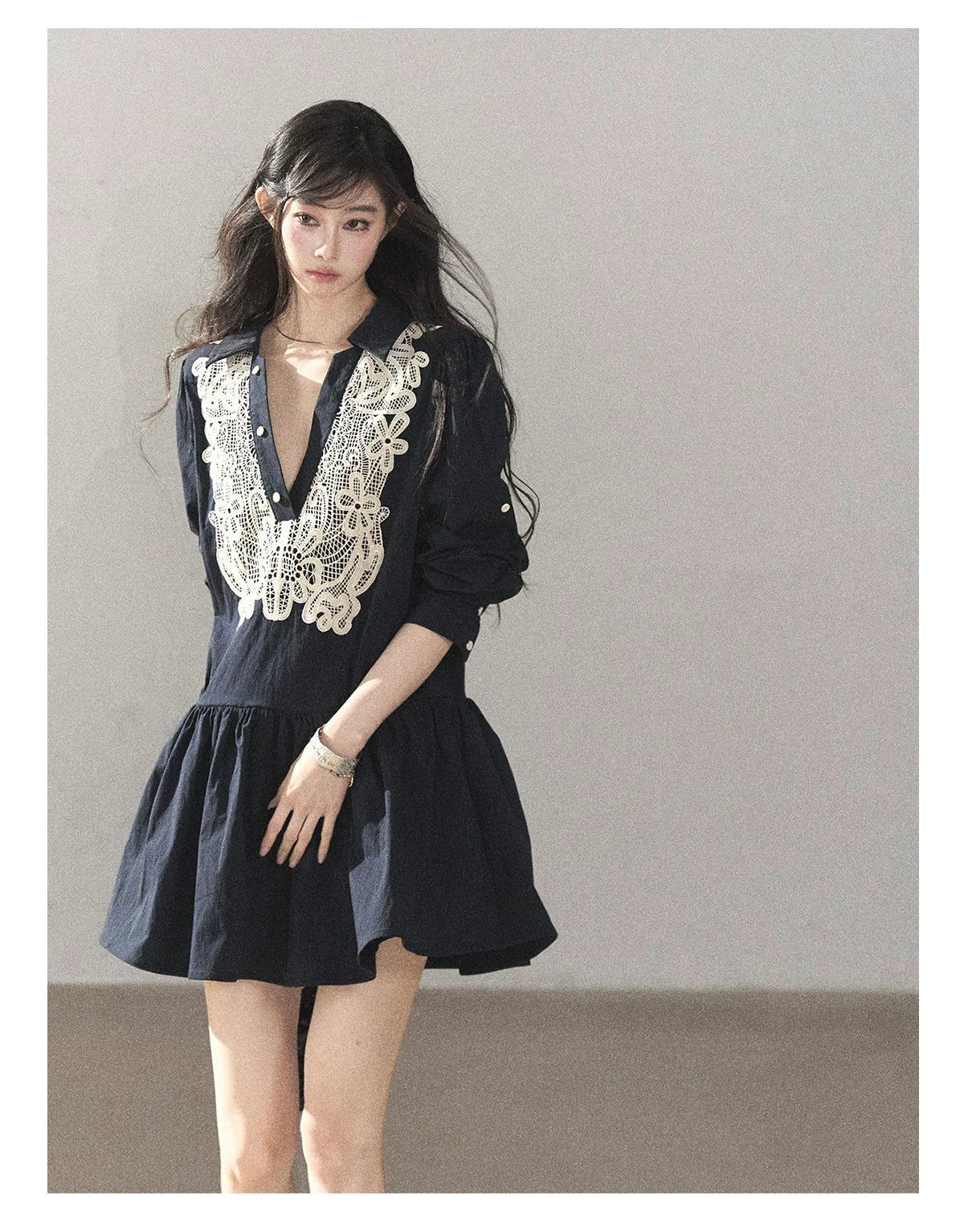 AOMALM - Navy French-Inspired Lace Shirt Mini Dress with Convertible Sleeves