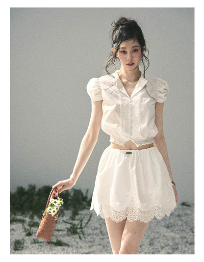 "Rose Petals in Secret" Cloud White Lace Two-Piece Skirt Set 142453