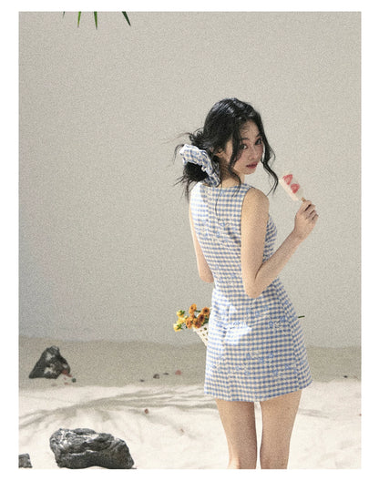 "Sea Breeze Reverie" Sky Blue Embroidered Plaid Mini Dress (With Matching Scrunchie)