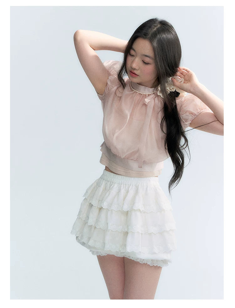Vintage Stand Collar Bow Puff Sleeve Waist-Cinching Blouse with Knit Cami Set