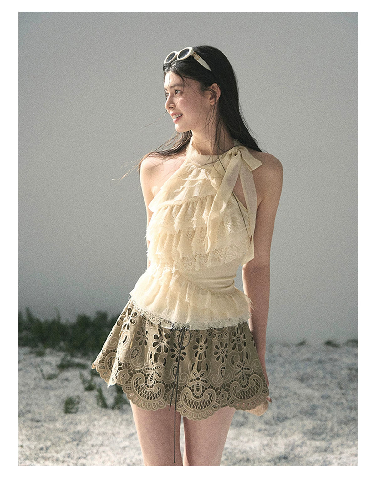 “Spring Traces in Tulle” Pale Butter Lace Halter Top