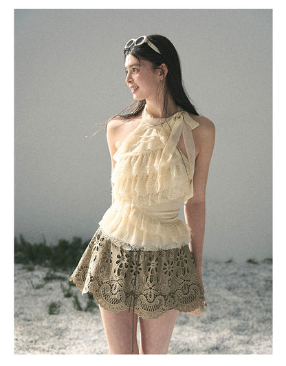 “Spring Traces in Tulle” Pale Butter Lace Halter Top
