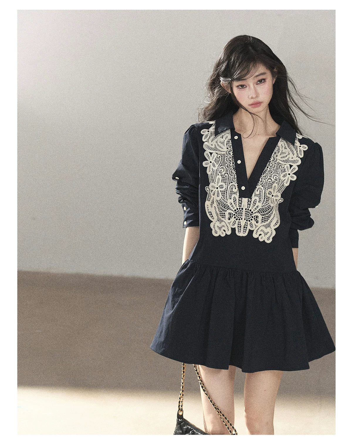 AOMALM - Navy French-Inspired Lace Shirt Mini Dress with Convertible Sleeves