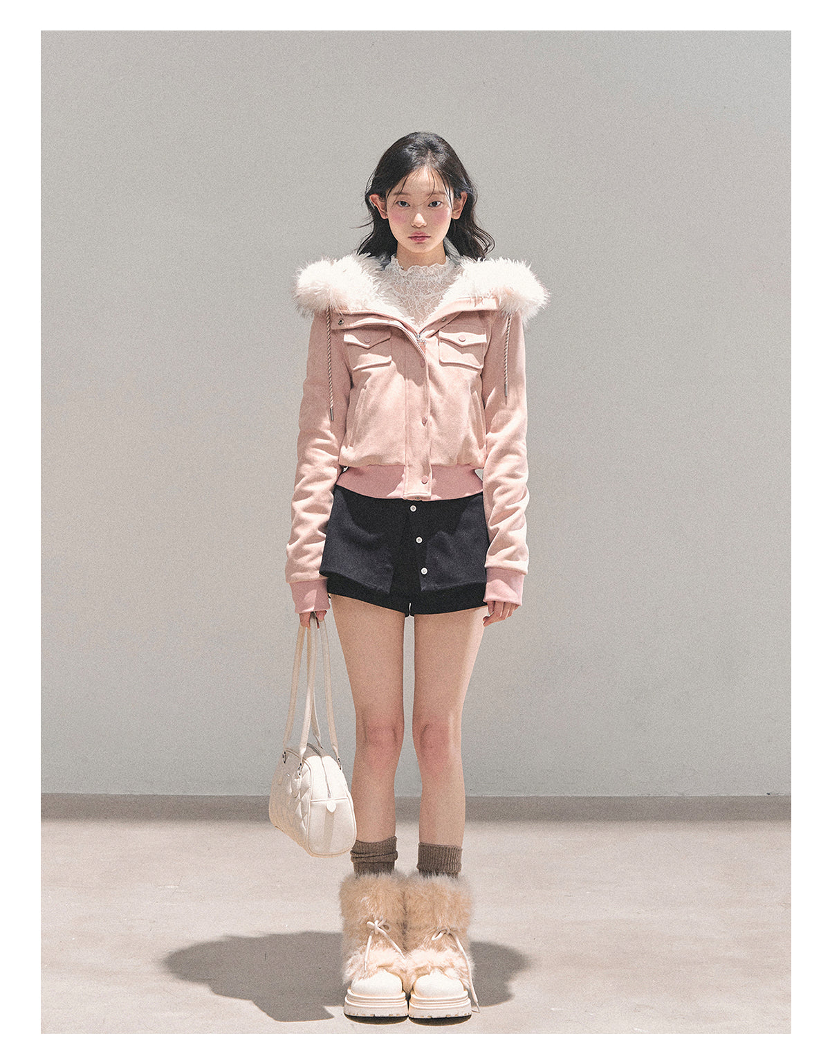 少也眼 “Snowvel Embrace” Hooded Sherpa Jacket - Cinnamon Pink 874351