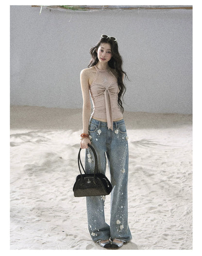 "Galaxy in Your Eyes" Milk Tea Halter Mesh Knit Top