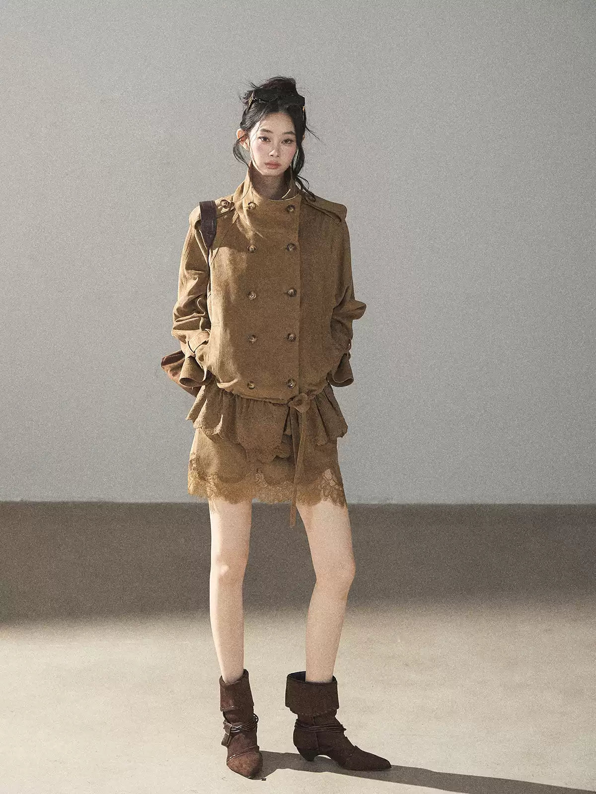 AOMALM - Sandstone Brown Faux-Suede Jacket & Lace-Trim Mini Skirt Set