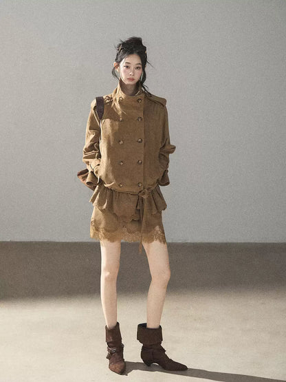 AOMALM - Sandstone Brown Faux-Suede Jacket & Lace-Trim Mini Skirt Set