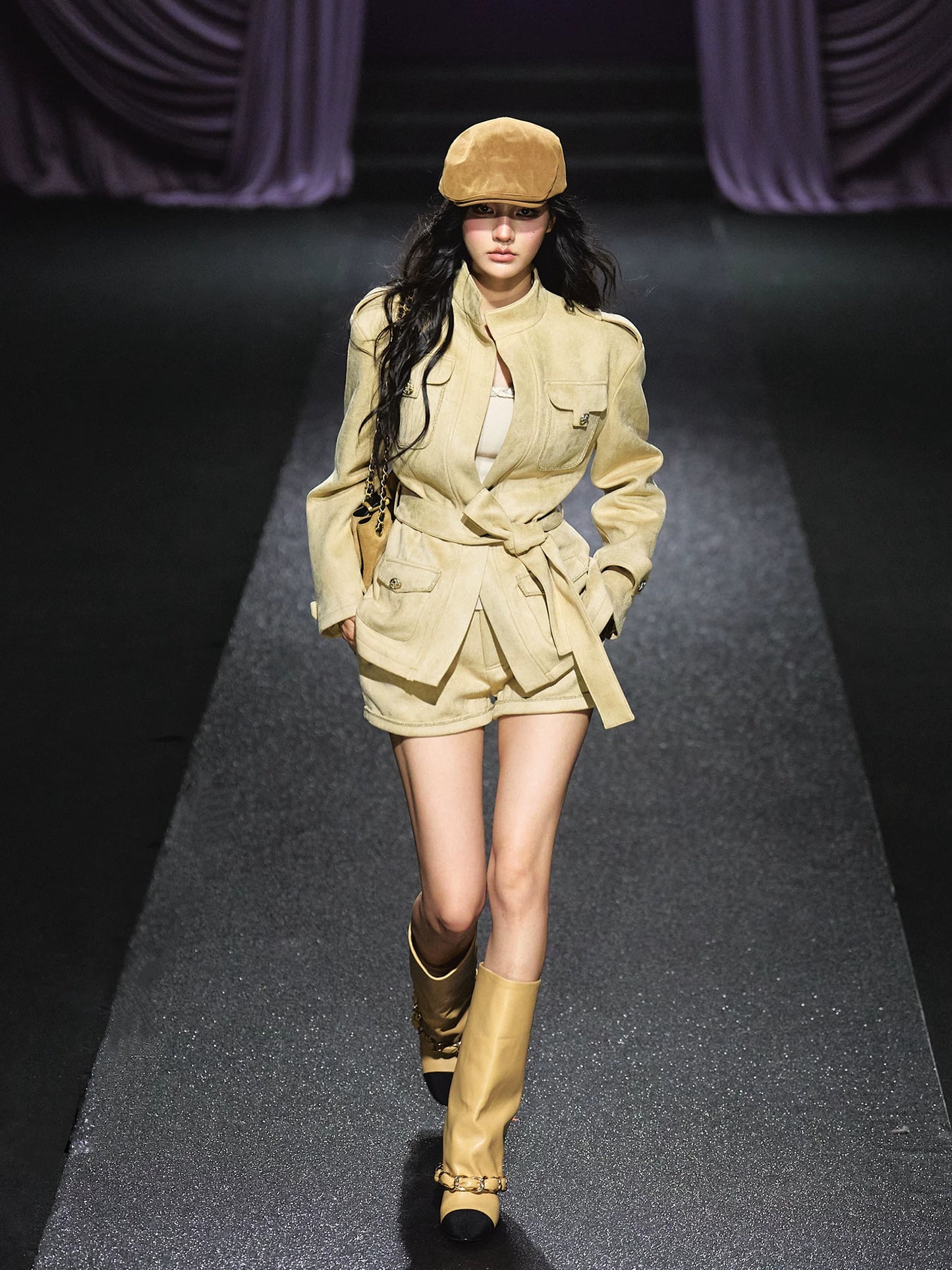 "Golden Dune" Khaki Faux Suede Jacket & Tailored Shorts Set