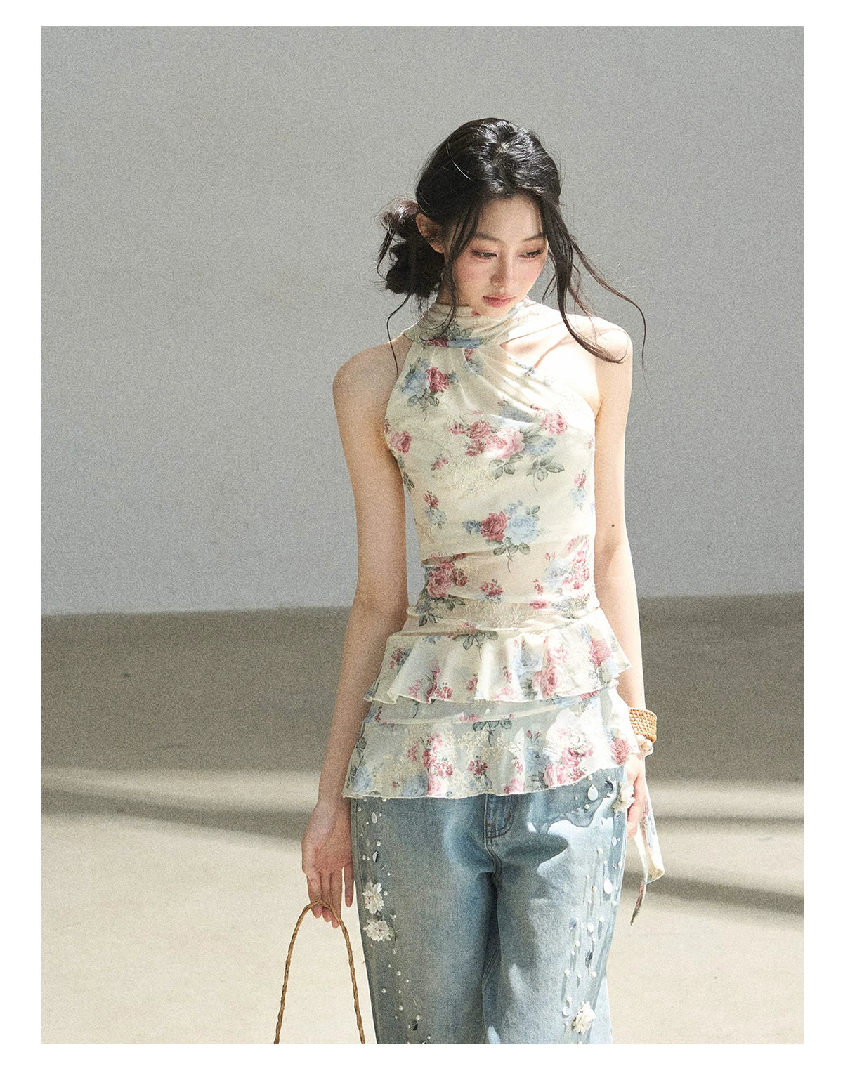 "Flowers & Sunlight" Dutch Cream Off-Shoulder Mesh Top