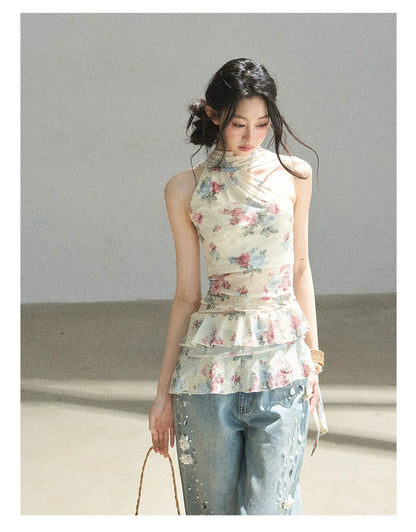 "Flowers & Sunlight" Dutch Cream Off-Shoulder Mesh Top