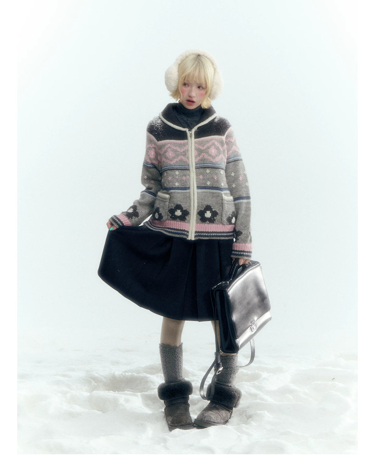 Horridale - Gray Pink Fair Isle Floral Zip-Up Knit Cardigan