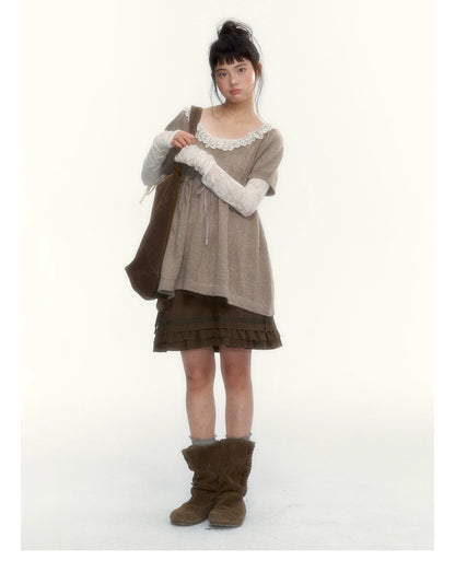 “Wild Caramel” Brown Washed Layered Ruffle Bow Pocket A-Line Skirt