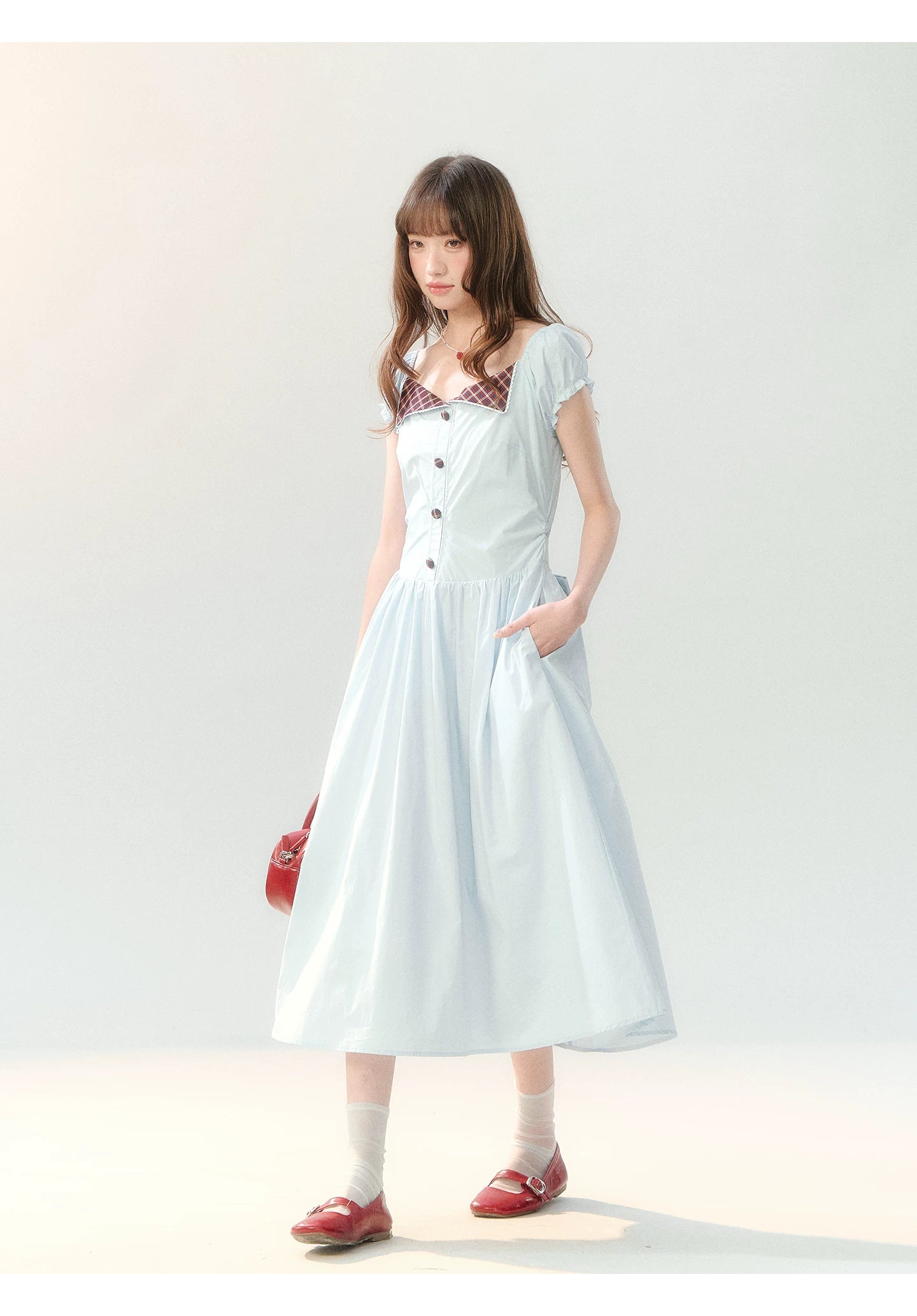 "Sakura Breeze Journal" Sea Blue Plaid Collar Dress LL2026226