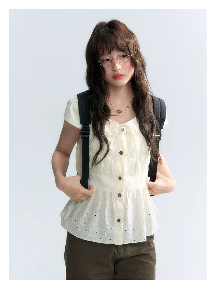 "Vintage Ribbon" Beige Bow Tie Lace Trim Blouse