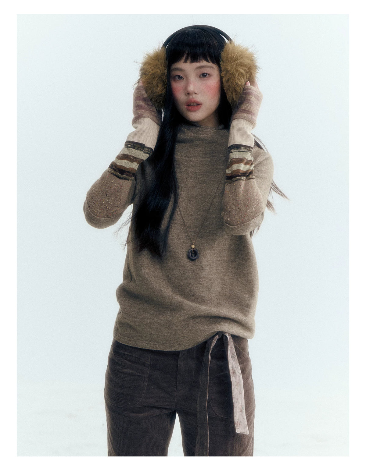 Horridale - Light Brown Colorblock High Cowl Neck Long Sleeve Top