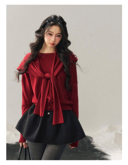 040126 "Orlane Academy" American Preppy Knit Top & Shawl Set - Angora Red