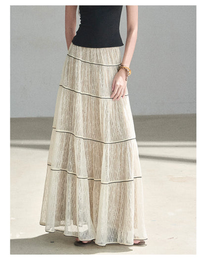 "Mist Through the Woods" Creamy Apricot White Lace Maxi A-Line Skirt