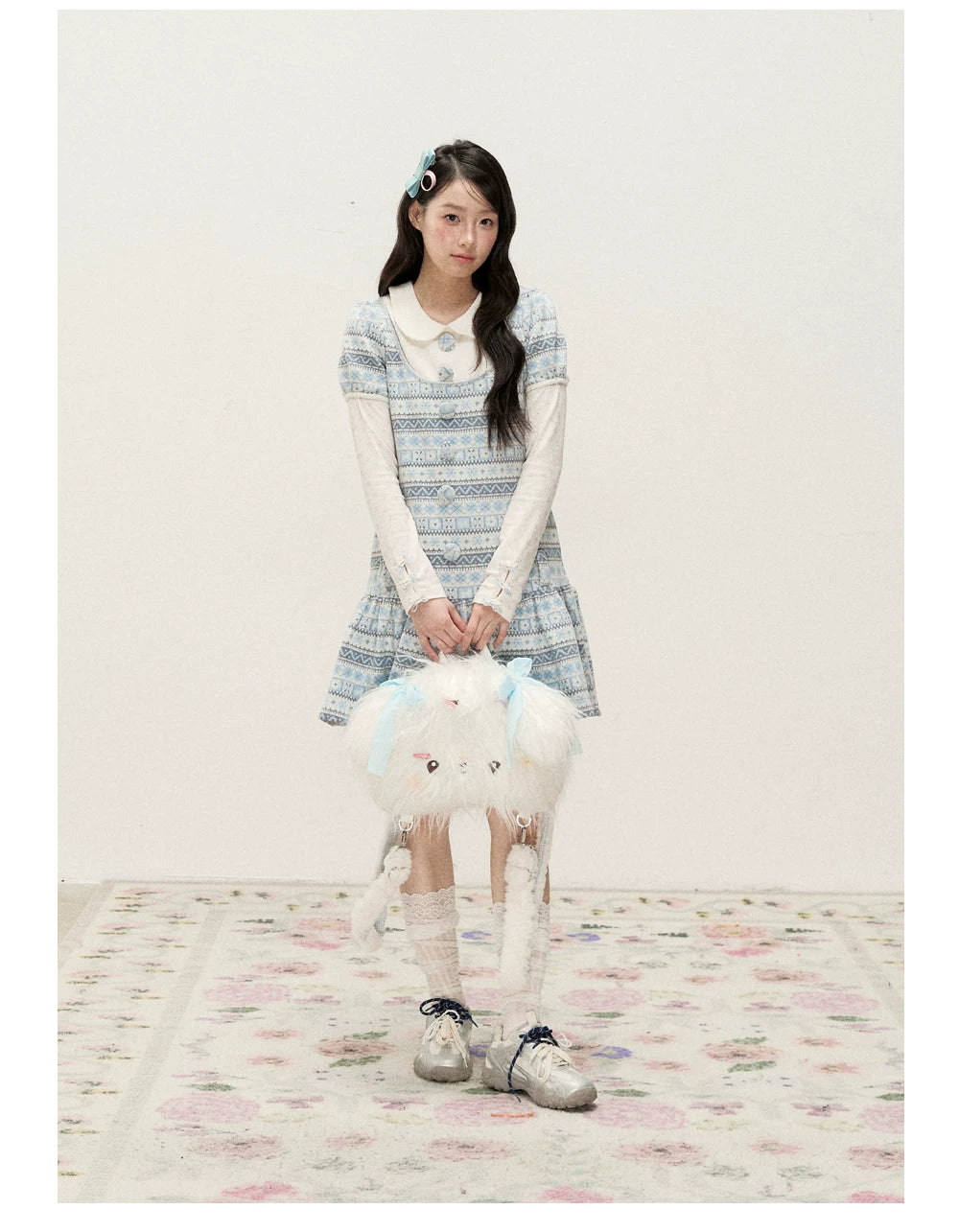 [RF] Vintage Geometric Jacquard Peter Pan Collar Knit Dress with Ruffle Hem