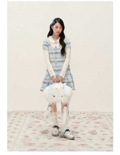 [RF] Vintage Geometric Jacquard Peter Pan Collar Knit Dress with Ruffle Hem