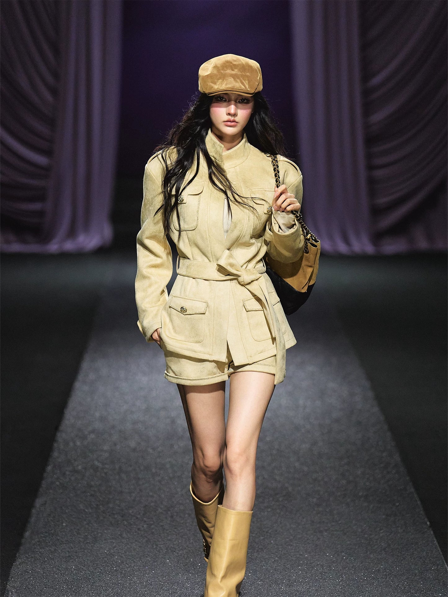 "Golden Dune" Khaki Faux Suede Jacket & Tailored Shorts Set