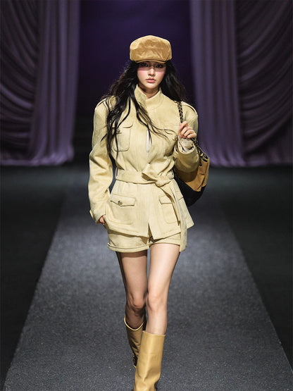 "Golden Dune" Khaki Faux Suede Jacket & Tailored Shorts Set