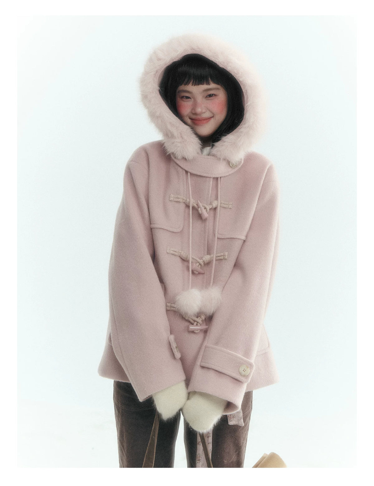 Horridale - Preppy Hooded Wool-Blend Duffle Coat with Pom-Pom Details – Mist Pink