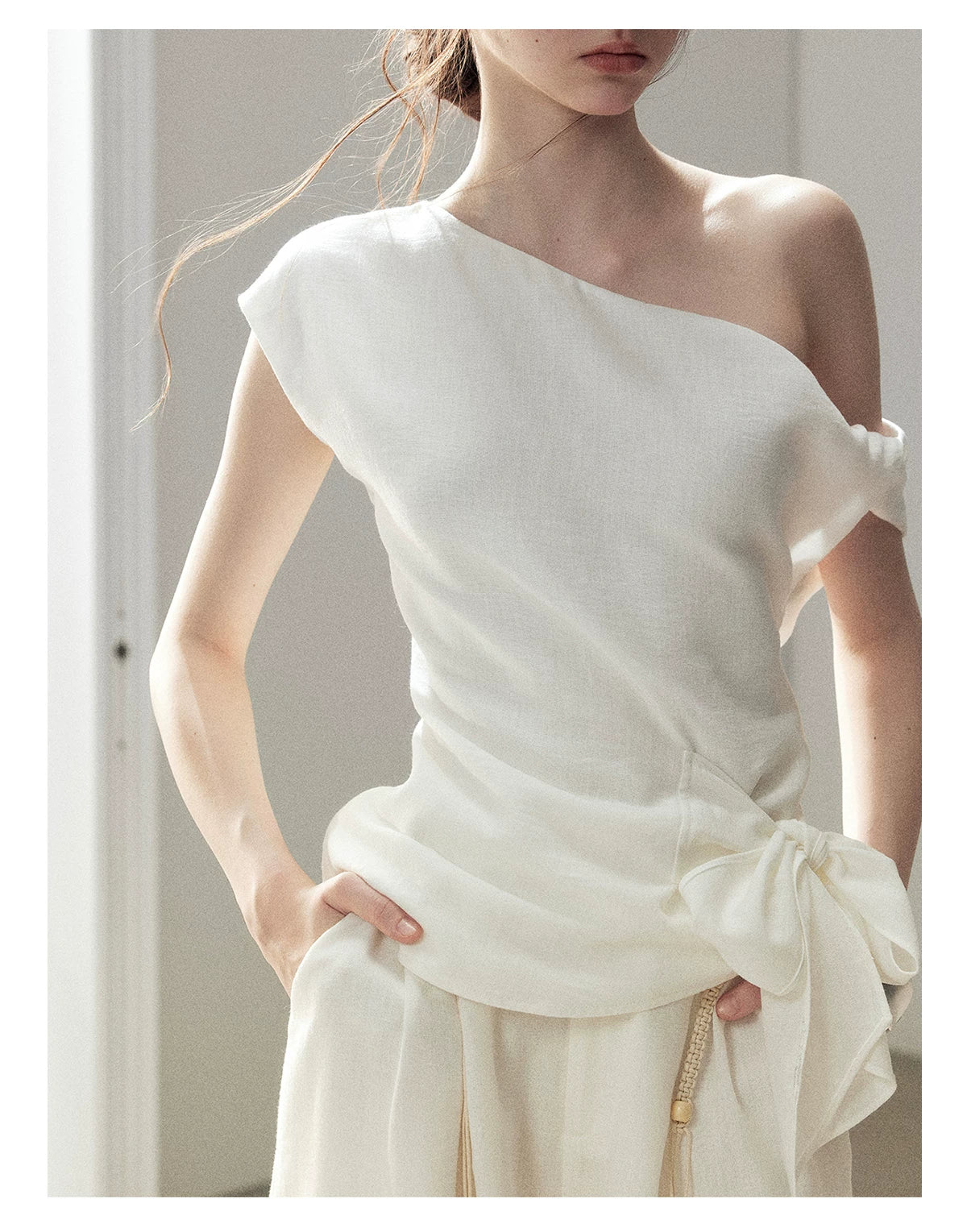 "Her Moonlight" Camellia White Off-Shoulder Top & Wide-Leg Pants Set