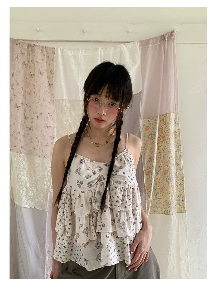 "Among the Blossoms" Soft Gray Floral Cotton Ruffle Cami Top