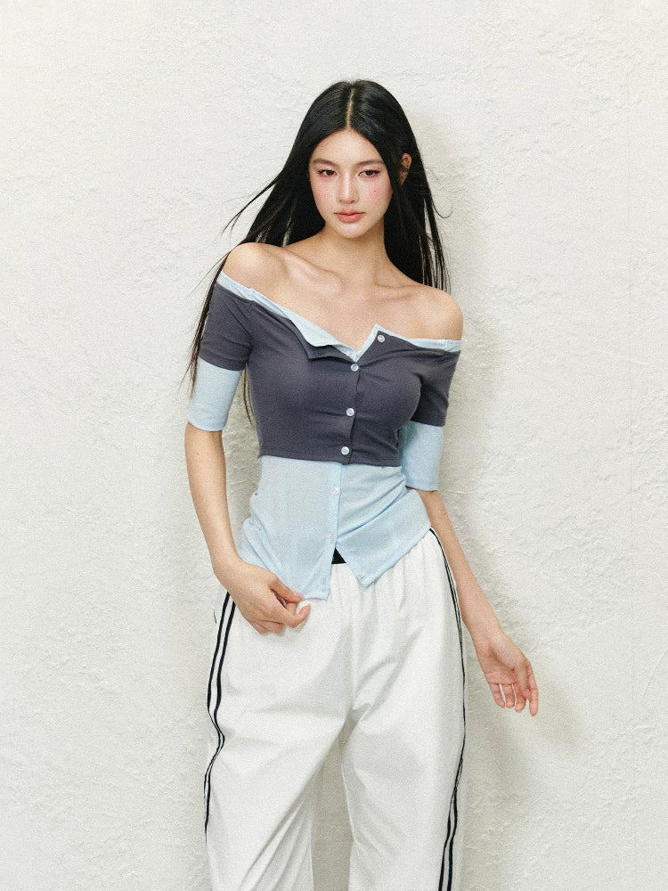 Layered Off-Shoulder Contrast Lyocell Knit Top (Floral White Contrast/ Red & White Stripe/ Gray Blue Contrast)