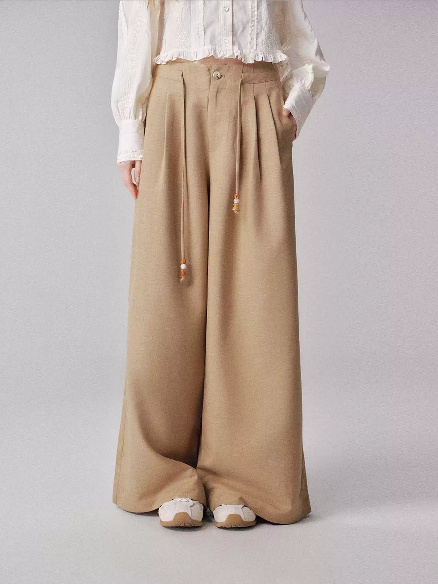 “琥珀胡桃木” Drawstring Beaded Wide-Leg Trousers