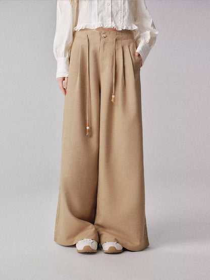 “琥珀胡桃木” Drawstring Beaded Wide-Leg Trousers