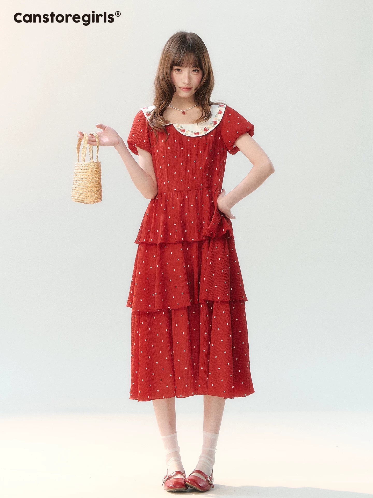 "Strawberry Waltz Letter" Red Tiered Doll Collar Dress LL2026225