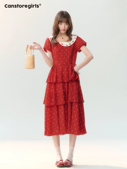 "Strawberry Waltz Letter" Red Tiered Doll Collar Dress LL2026225