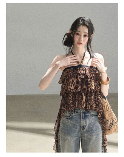 "Chasing the Sunset" Chestnut Brown Leopard Halter Ruffle Crop Top