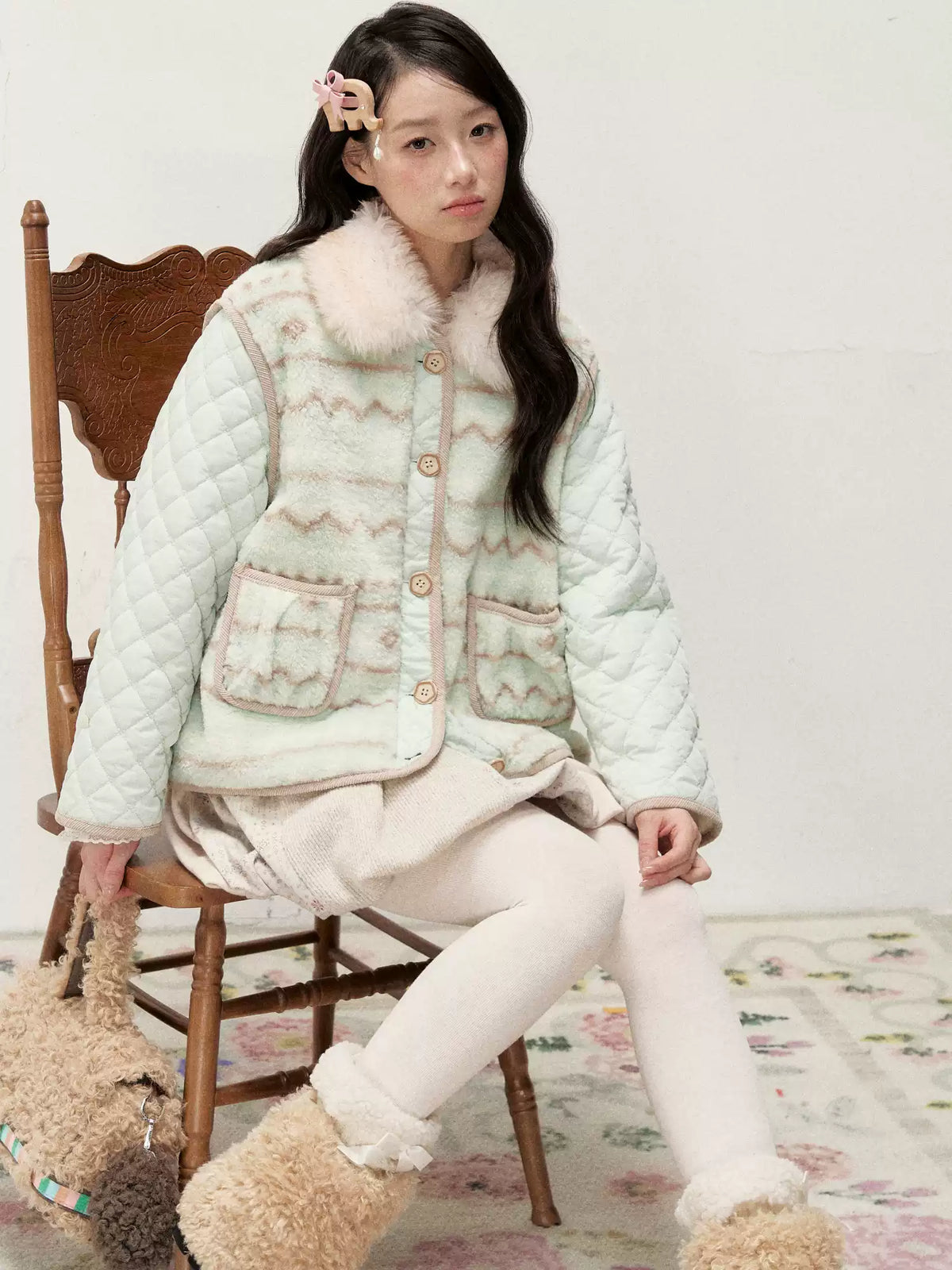 RF - Mint Green and Light Brown Fair Isle Quilted Faux Fur Vest Jacket