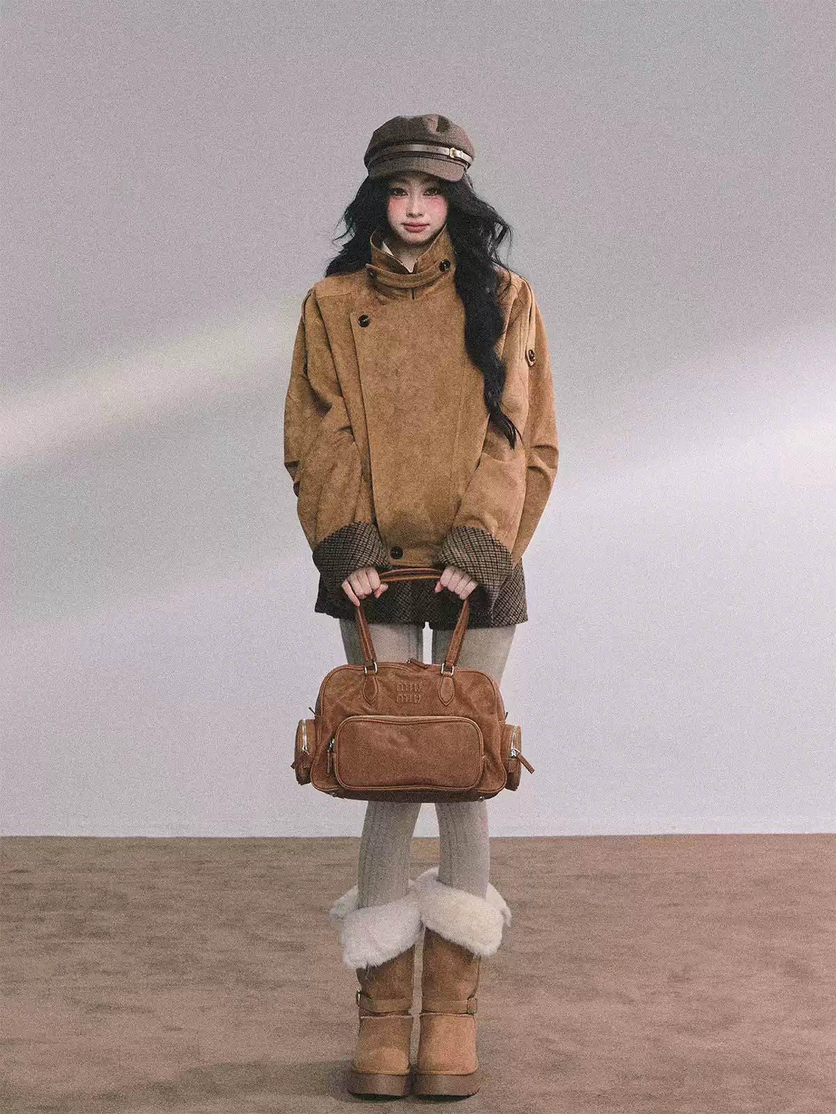 少也眼 Hazelnut Suede-Look Two-Piece Set (Jacket and Skort)