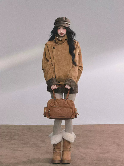 少也眼 Hazelnut Suede-Look Two-Piece Set (Jacket and Skort)