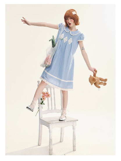 "Sweet Tea Doll" Haze Blue Lace Puff Sleeve Peter Pan Collar A-Line Dress