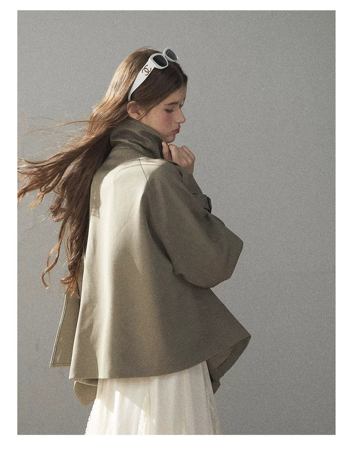 Gray Funnel-Neck Double-Breasted Short Trench Coat
