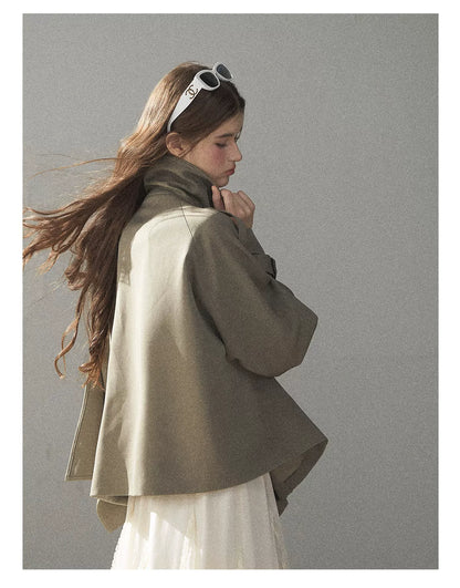 Gray Funnel-Neck Double-Breasted Short Trench Coat