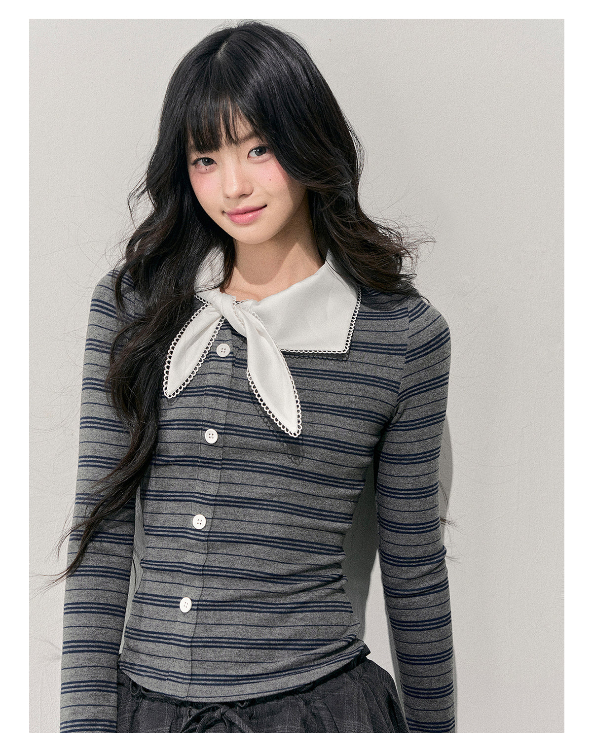 少也眼 “The Unsent Mailbox” Faux-Layered Stripe Long-Sleeve Top 26484