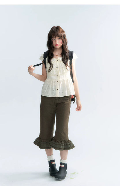 "Vintage Ribbon" Beige Bow Tie Lace Trim Blouse