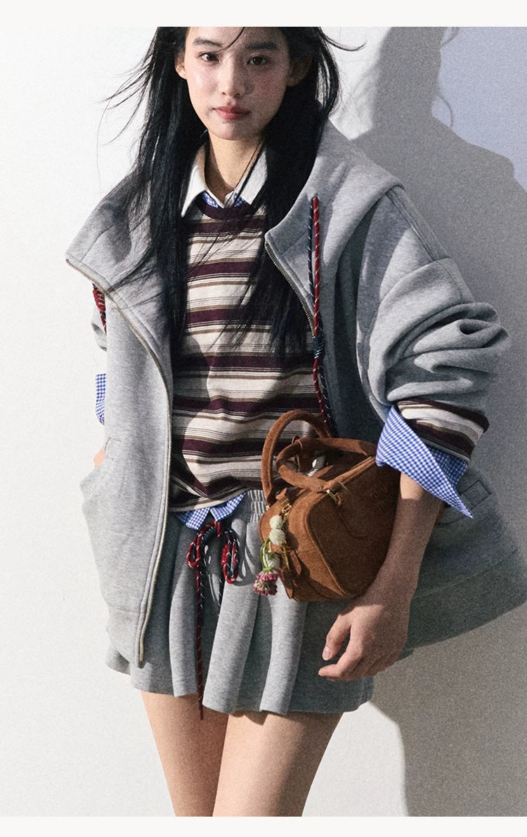 OAKMOO/ "A Trace of Self" Light Heather Gray Miu-Inspired Sporty Hoodie & Skirt Set