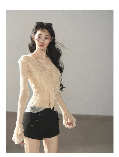 AOMALM - Black Napoleon-Style Jacket & Shorts Set with Milk Tea Top