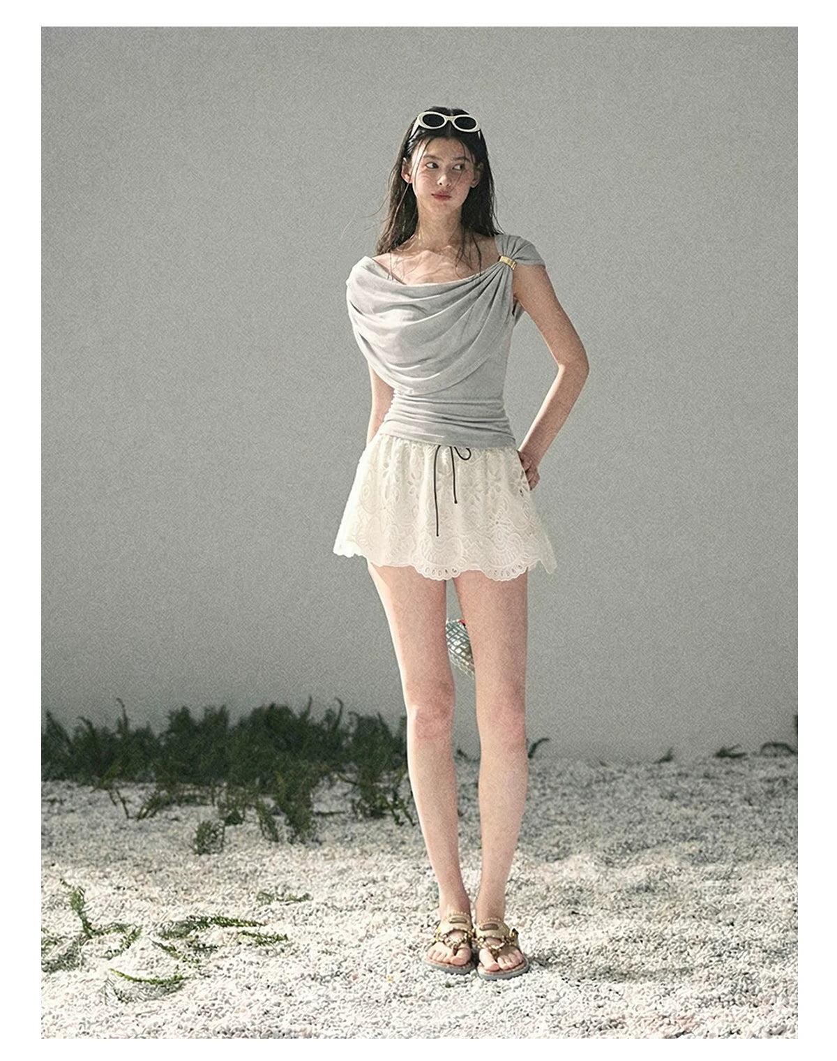 “When the Wind Stole Moonlight” Moonstone Draped Off-Shoulder Top