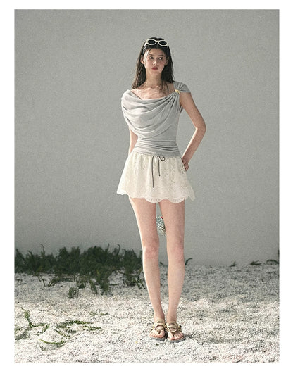 “When the Wind Stole Moonlight” Moonstone Draped Off-Shoulder Top